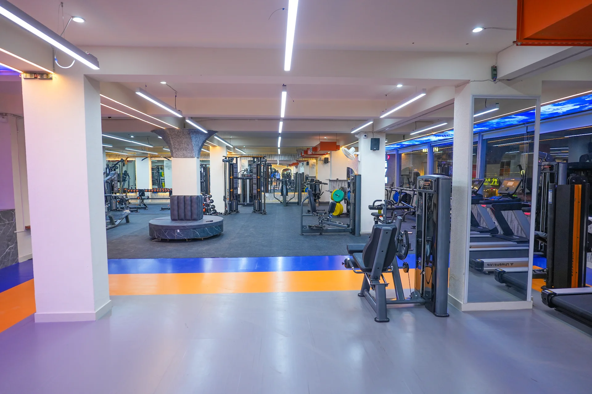Open training floor and workout equipment